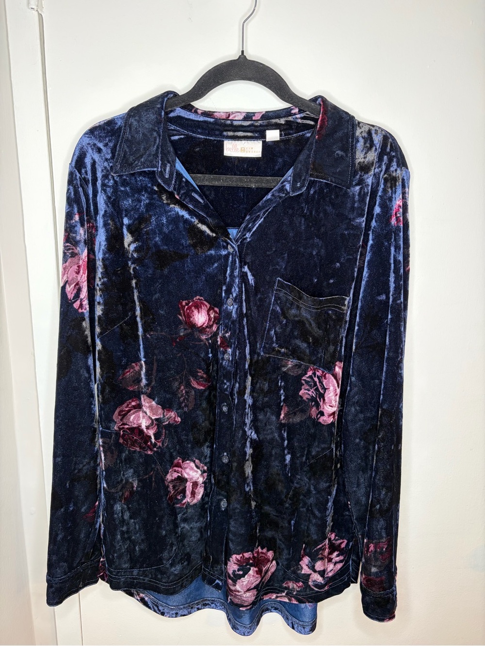 Velvet Floral Button-Up Blouse in Navy and Pink